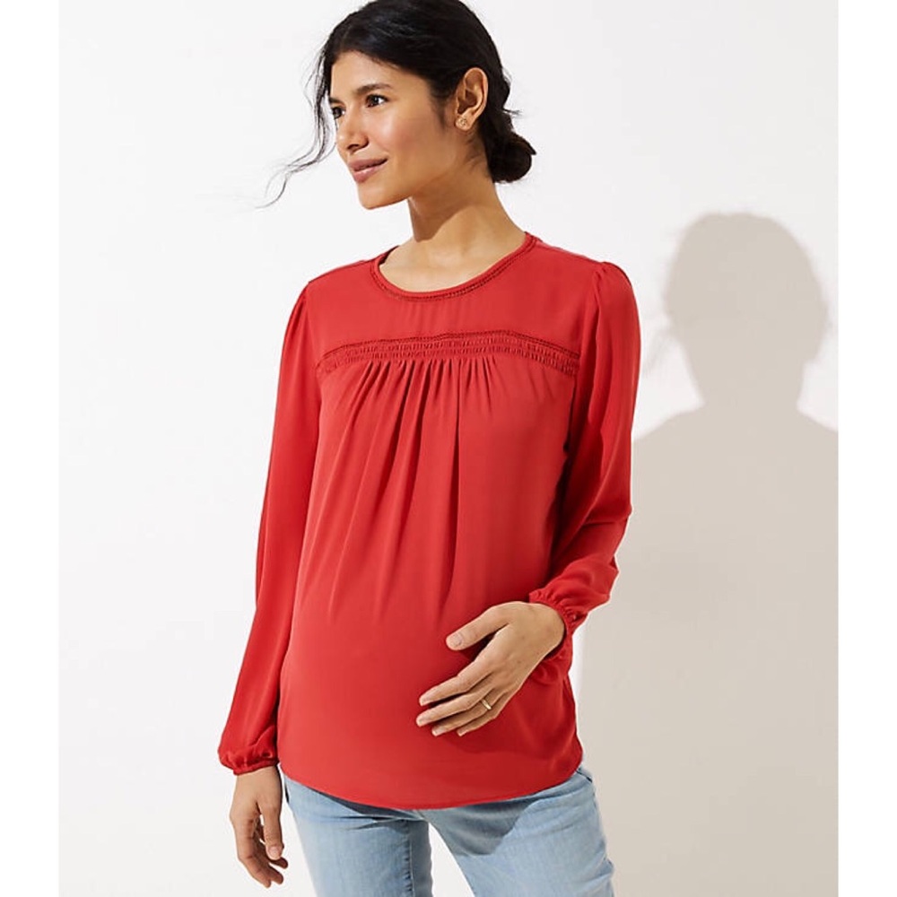 MATERNITY SMOCKED MIXED MEDIA BLOUSE